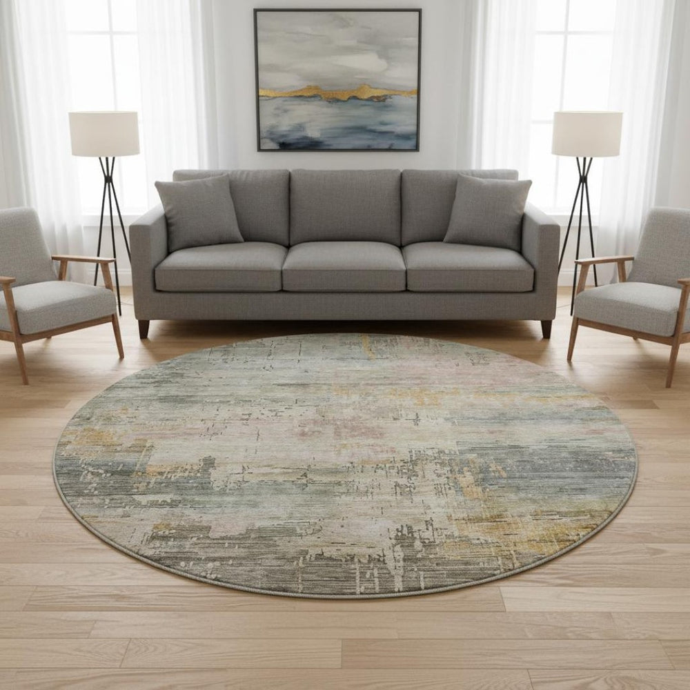 HomeRoots 8' Sage Gold And Beige Abstract Round Rug - Washable, UV-Protected, Modern Design for Busy Homes 696089