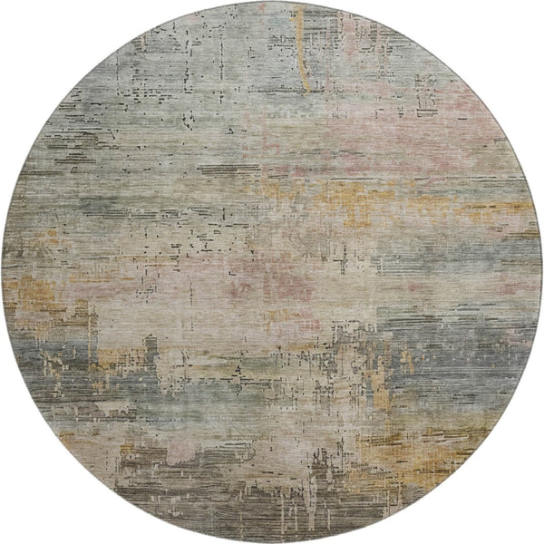 HomeRoots 8' Sage Gold And Beige Abstract Round Rug - Washable, UV-Protected, Modern Design for Busy Homes 696089