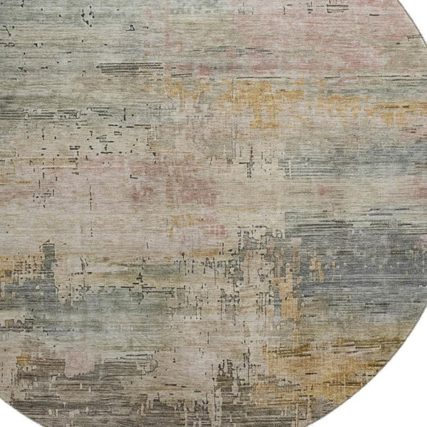 HomeRoots 8' Sage Gold And Beige Abstract Round Rug - Washable, UV-Protected, Modern Design for Busy Homes 696089