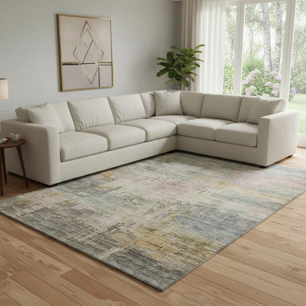 HomeRoots 8' X 10' Sage Gold Beige Abstract Washable Area Rug - Stylish, Durable, UV Protected & Easy Care 696090