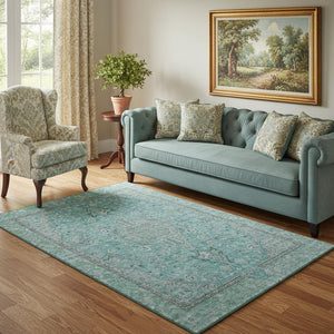 HomeRoots 5' X 8' Aqua and Gray Floral Medallion Area Rug - Washable, UV Protected, Durable & Stylish Décor 696094