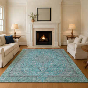 HomeRoots 5' X 8' Aqua and Gray Floral Medallion Area Rug - Washable, UV Protected, Durable & Stylish Décor 696094
