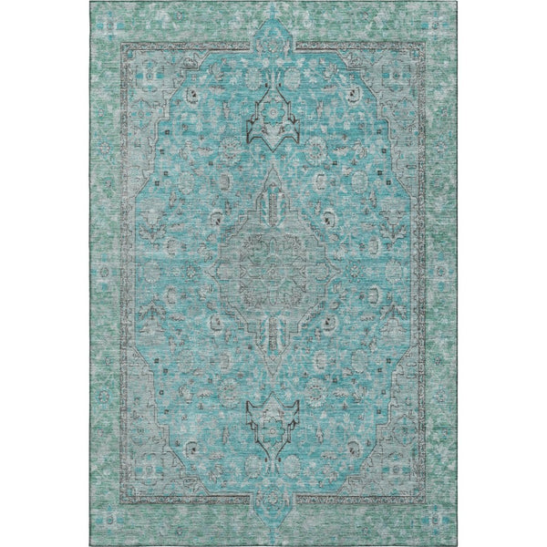 HomeRoots 5' X 8' Aqua and Gray Floral Medallion Area Rug - Washable, UV Protected, Durable & Stylish Décor 696094