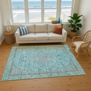HomeRoots 5' X 8' Aqua and Gray Floral Medallion Area Rug - Washable, UV Protected, Durable & Stylish Décor 696094