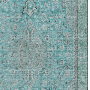 HomeRoots 5' X 8' Aqua and Gray Floral Medallion Area Rug - Washable, UV Protected, Durable & Stylish Décor 696094