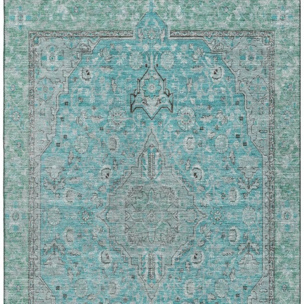 HomeRoots 5' X 8' Aqua and Gray Floral Medallion Area Rug - Washable, UV Protected, Durable & Stylish Décor 696094