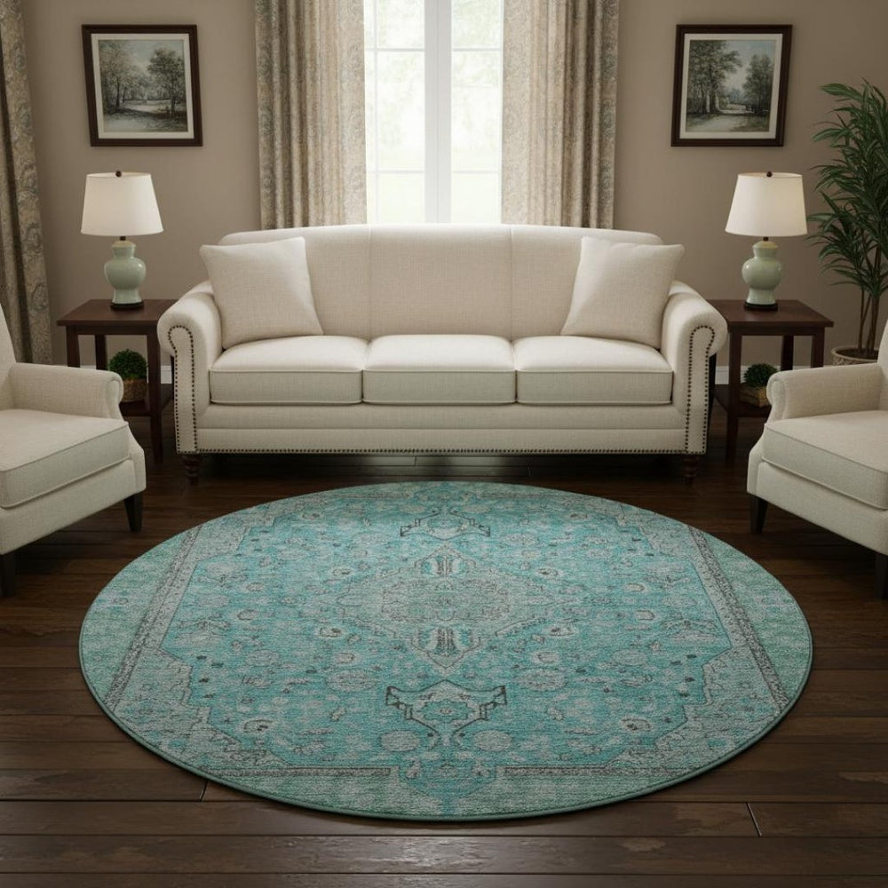 HomeRoots 8' Aqua and Gray Floral Medallion Round Rug - Washable, Stain Resistant, UV Protection, Non-Slip Backing 696095