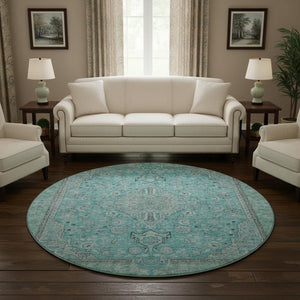 HomeRoots 8' Aqua and Gray Floral Medallion Round Rug - Washable, Stain Resistant, UV Protection, Non-Slip Backing 696095