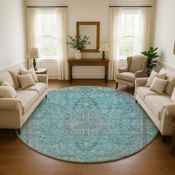HomeRoots 8' Aqua and Gray Floral Medallion Round Rug - Washable, Stain Resistant, UV Protection, Non-Slip Backing 696095