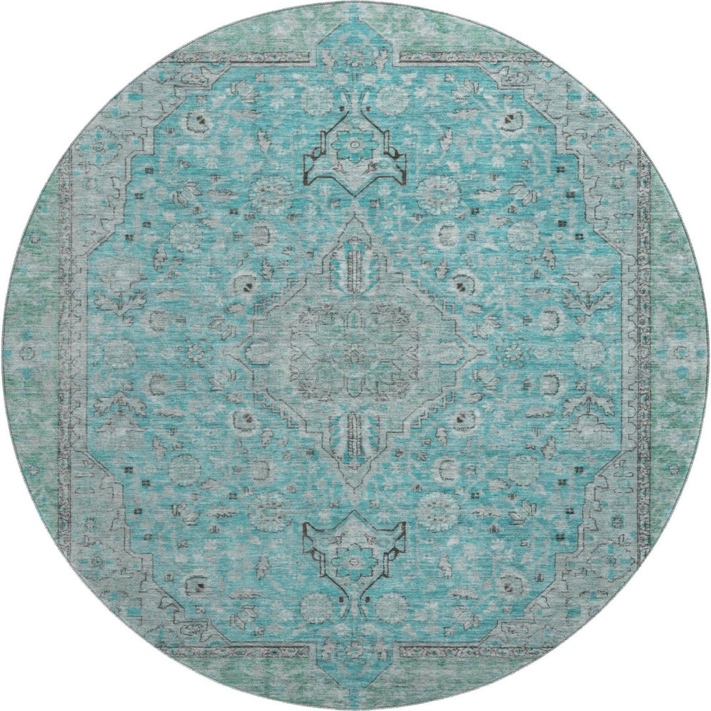 HomeRoots 8' Aqua and Gray Floral Medallion Round Rug - Washable, Stain Resistant, UV Protection, Non-Slip Backing 696095