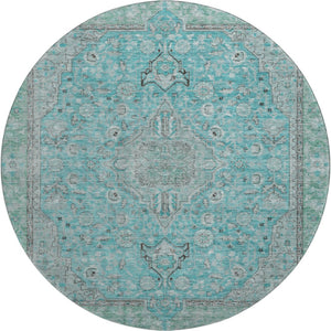 HomeRoots 8' Aqua and Gray Floral Medallion Round Rug - Washable, Stain Resistant, UV Protection, Non-Slip Backing 696095