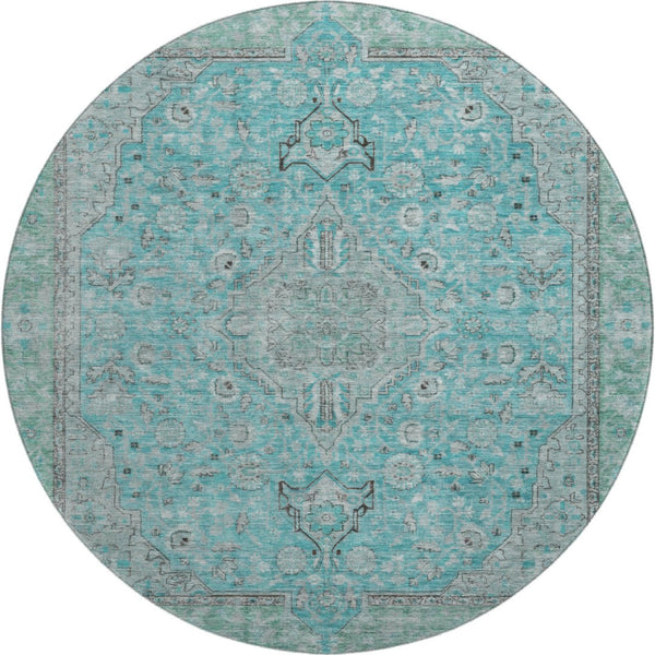 HomeRoots 8' Aqua and Gray Floral Medallion Round Rug - Washable, Stain Resistant, UV Protection, Non-Slip Backing 696095
