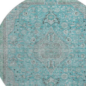 HomeRoots 8' Aqua and Gray Floral Medallion Round Rug - Washable, Stain Resistant, UV Protection, Non-Slip Backing 696095