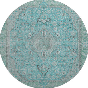 HomeRoots 8' Aqua and Gray Floral Medallion Round Rug - Washable, Stain Resistant, UV Protection, Non-Slip Backing 696095