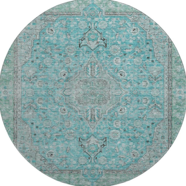 HomeRoots 8' Aqua and Gray Floral Medallion Round Rug - Washable, Stain Resistant, UV Protection, Non-Slip Backing 696095