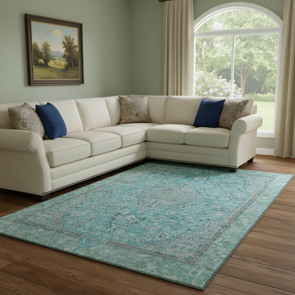 HomeRoots 8' X 10' Washable Aqua and Gray Floral Medallion Area Rug with UV Protection & Stain Resistance 696096