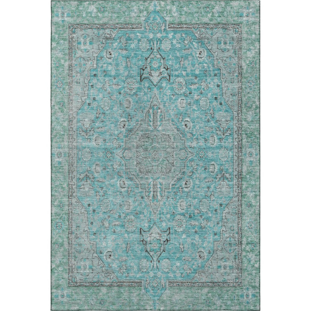 HomeRoots 8' X 10' Washable Aqua and Gray Floral Medallion Area Rug with UV Protection & Stain Resistance 696096
