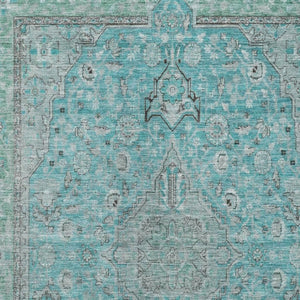 HomeRoots 9' X 12' Aqua and Gray Floral Medallion Area Rug - Washable, UV-Protected, Perfect for Busy Homes! 696097