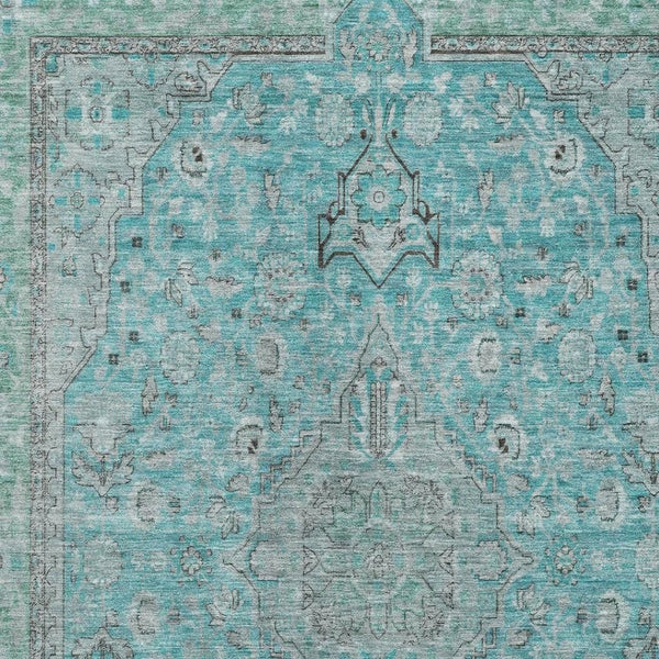 HomeRoots 9' X 12' Aqua and Gray Floral Medallion Area Rug - Washable, UV-Protected, Perfect for Busy Homes! 696097