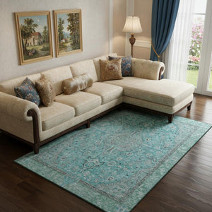 HomeRoots 10' Aqua & Gray Floral Medallion Washable Area Rug - Durable, UV-Protected, Soft, Stain-Resistant Design 696098