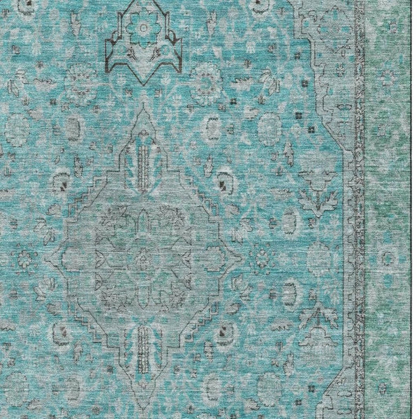 HomeRoots 10' Aqua & Gray Floral Medallion Washable Area Rug - Durable, UV-Protected, Soft, Stain-Resistant Design 696098