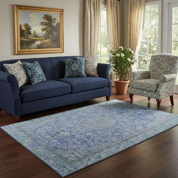HomeRoots 5' X 8' Blue and Gray Floral Medallion Area Rug - Washable, Stain-Resistant, UV-Protected Elegance 696100