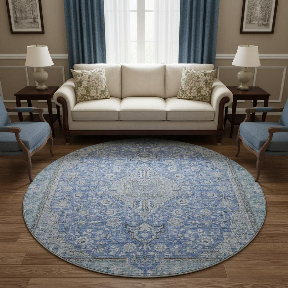 HomeRoots 8' Blue and Gray Floral Medallion Round Rug - Washable, UV Protected, and Stain Resistant for Home Use 696101
