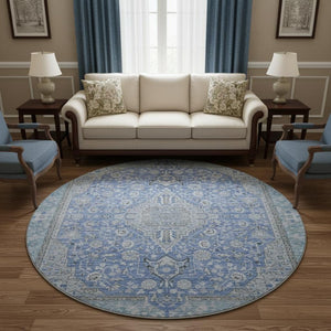 HomeRoots 8' Blue and Gray Floral Medallion Round Rug - Washable, UV Protected, and Stain Resistant for Home Use 696101