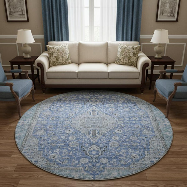 HomeRoots 8' Blue and Gray Floral Medallion Round Rug - Washable, UV Protected, and Stain Resistant for Home Use 696101