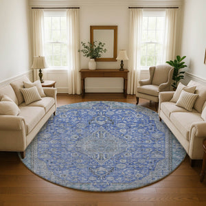HomeRoots 8' Blue and Gray Floral Medallion Round Rug - Washable, UV Protected, and Stain Resistant for Home Use 696101