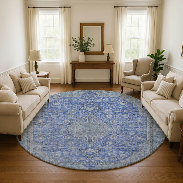 HomeRoots 8' Blue and Gray Floral Medallion Round Rug - Washable, UV Protected, and Stain Resistant for Home Use 696101