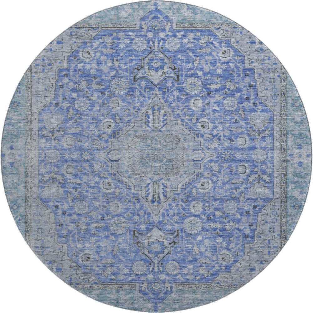HomeRoots 8' Blue and Gray Floral Medallion Round Rug - Washable, UV Protected, and Stain Resistant for Home Use 696101