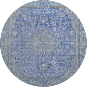 HomeRoots 8' Blue and Gray Floral Medallion Round Rug - Washable, UV Protected, and Stain Resistant for Home Use 696101