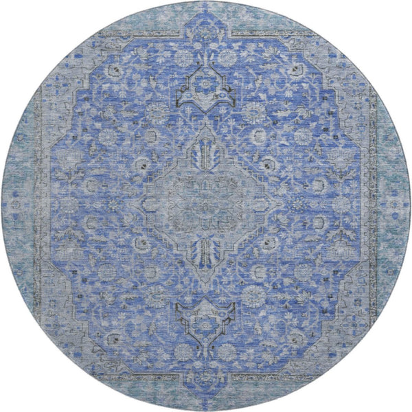 HomeRoots 8' Blue and Gray Floral Medallion Round Rug - Washable, UV Protected, and Stain Resistant for Home Use 696101
