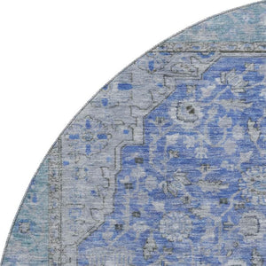 HomeRoots 8' Blue and Gray Floral Medallion Round Rug - Washable, UV Protected, and Stain Resistant for Home Use 696101