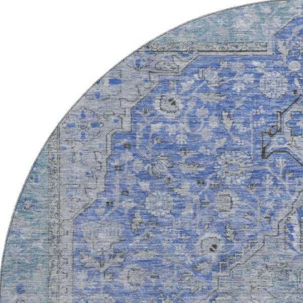 HomeRoots 8' Blue and Gray Floral Medallion Round Rug - Washable, UV Protected, and Stain Resistant for Home Use 696101