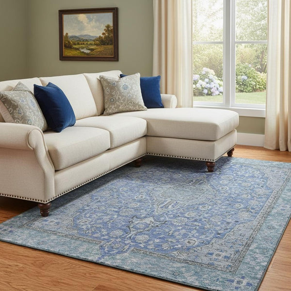 HomeRoots 8' X 10' Blue and Gray Floral Medallion Area Rug – Washable, UV-Resistant, Stain-Proof Elegance 696102