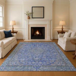 HomeRoots 8' X 10' Blue and Gray Floral Medallion Area Rug – Washable, UV-Resistant, Stain-Proof Elegance 696102