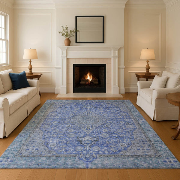 HomeRoots 8' X 10' Blue and Gray Floral Medallion Area Rug – Washable, UV-Resistant, Stain-Proof Elegance 696102
