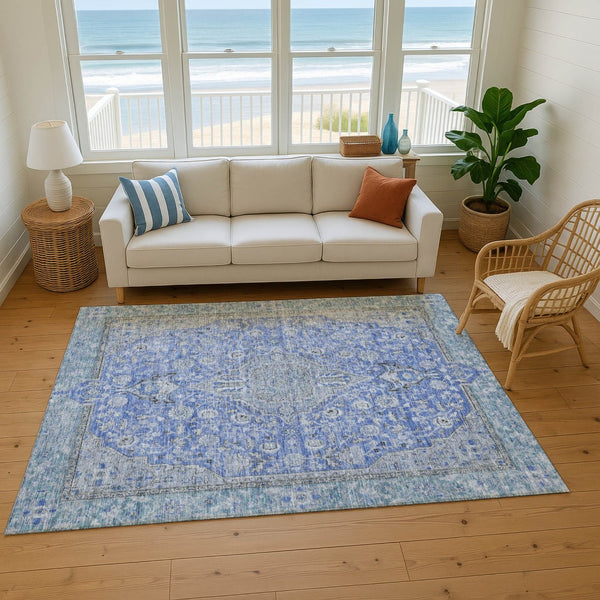 HomeRoots 8' X 10' Blue and Gray Floral Medallion Area Rug – Washable, UV-Resistant, Stain-Proof Elegance 696102