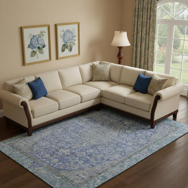 HomeRoots 9' X 12' Elegant Blue and Gray Floral Medallion Area Rug - Washable, UV-Protected, Durable Design 696103