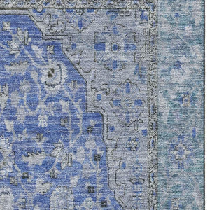HomeRoots 9' X 12' Elegant Blue and Gray Floral Medallion Area Rug - Washable, UV-Protected, Durable Design 696103