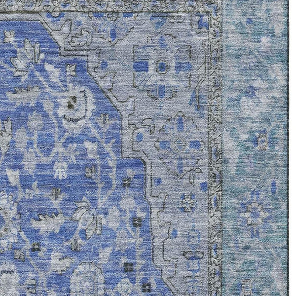 HomeRoots 9' X 12' Elegant Blue and Gray Floral Medallion Area Rug - Washable, UV-Protected, Durable Design 696103