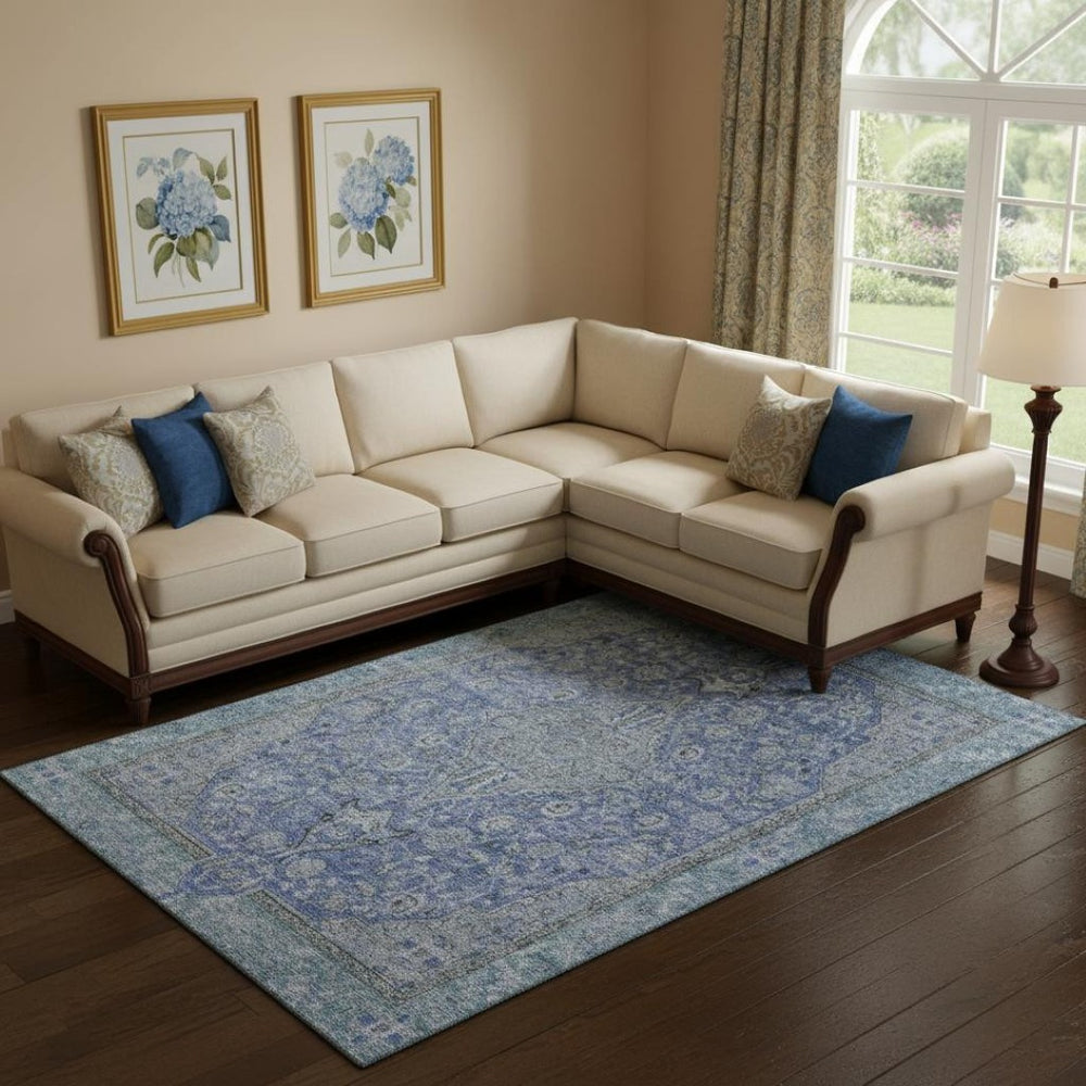 HomeRoots 10' Blue and Gray Floral Medallion Washable Area Rug with UV Protection for High-Traffic Spaces 696104