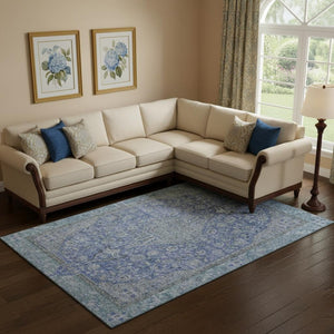 HomeRoots 10' Blue and Gray Floral Medallion Washable Area Rug with UV Protection for High-Traffic Spaces 696104