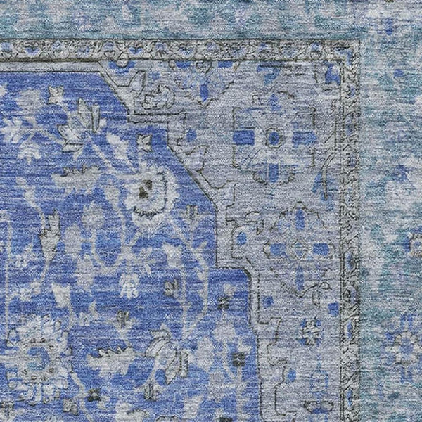 HomeRoots 10' Blue and Gray Floral Medallion Washable Area Rug with UV Protection for High-Traffic Spaces 696104