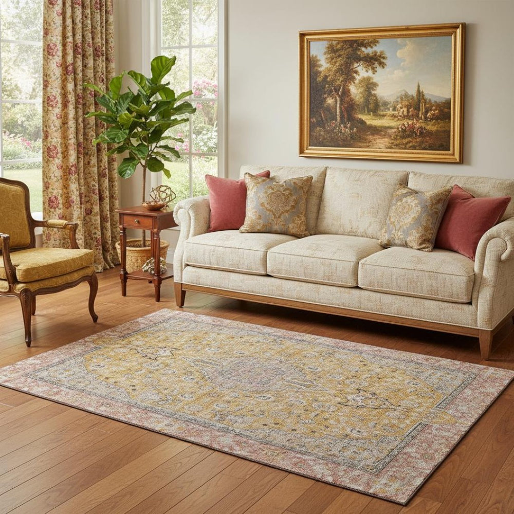 HomeRoots 5' X 8' Floral Medallion Washable Area Rug in Gold, Copper & Gray - UV Protected, Stain-Resistant Design 696106