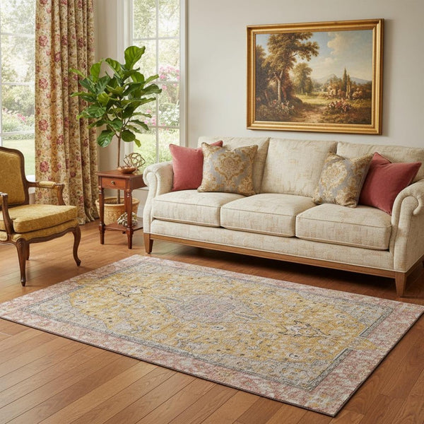 HomeRoots 5' X 8' Floral Medallion Washable Area Rug in Gold, Copper & Gray - UV Protected, Stain-Resistant Design 696106