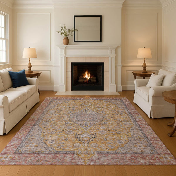 HomeRoots 5' X 8' Floral Medallion Washable Area Rug in Gold, Copper & Gray - UV Protected, Stain-Resistant Design 696106