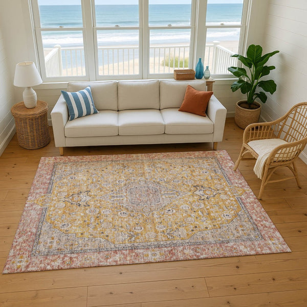 HomeRoots 5' X 8' Floral Medallion Washable Area Rug in Gold, Copper & Gray - UV Protected, Stain-Resistant Design 696106